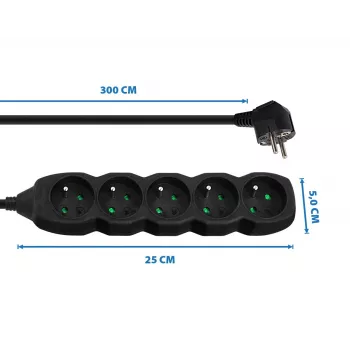 Stekkerdoos ESPERANZA ELK208K — 5 stopcontacten, 3 m kabel, zwart