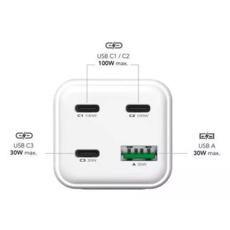 MediaRange MRMA124 mobiele oplader 100W AC, 3x USB-C, 100–240V ingang, 1,5 m kabel, wit