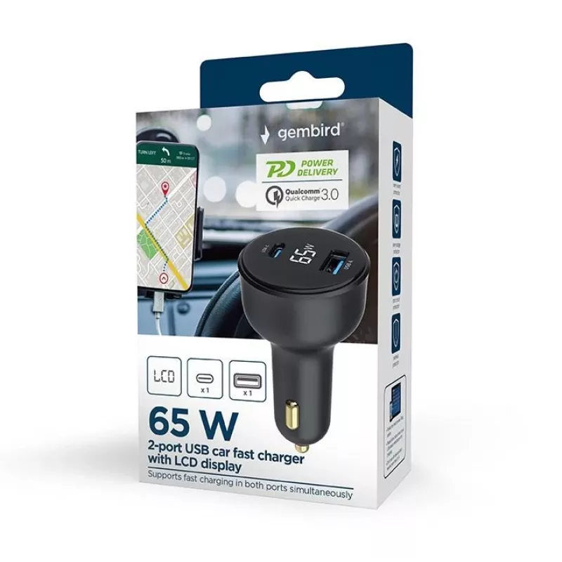MOBIELE AUTOLADER USB 2POORTS/TA-UC-AC2PD30LCD-CAR01 GEMBIRD