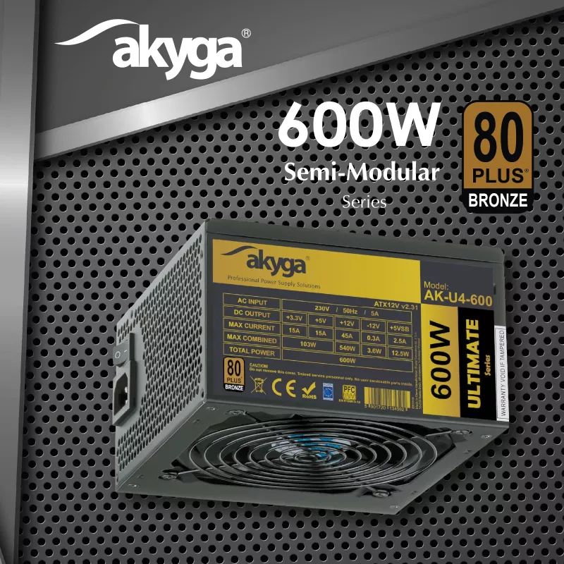 Akyga Ultimate AK-U4-600 ATX-voeding 600 W, 80 PLUS Bronze, actieve PFC, 120mm-ventilator