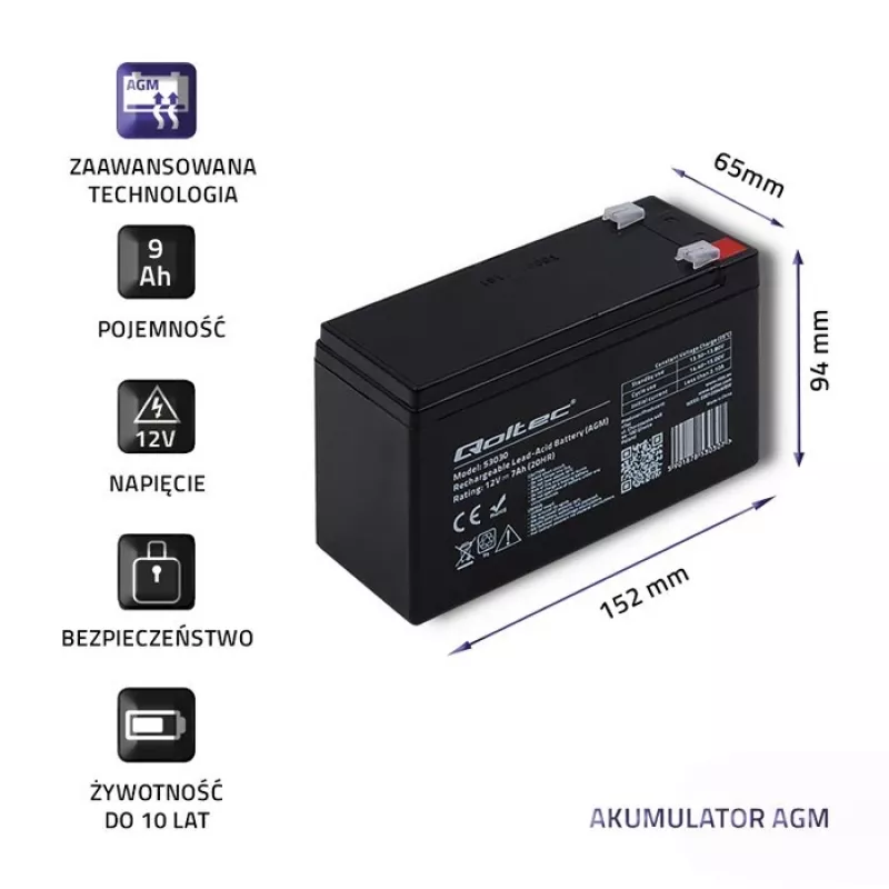 UPS-accu QOLTEC 53031 12V 9Ah groen, 152×94×65 mm, 2,35 kg