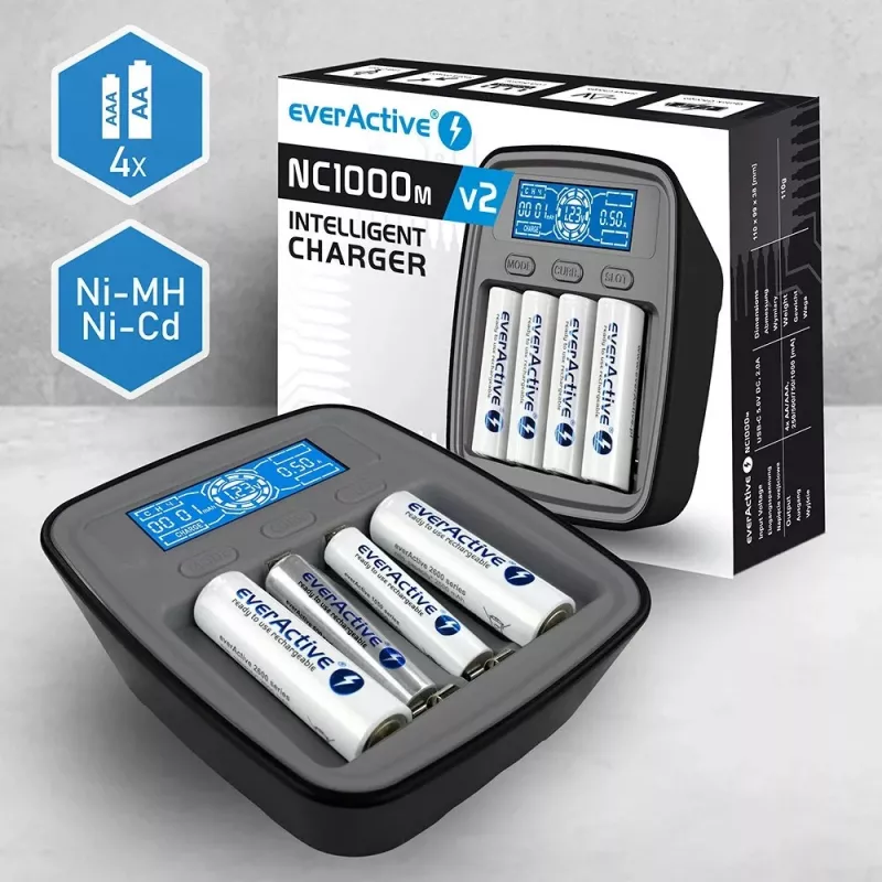 everActive NC-1000M V2 batterijlader, Ni-MH, 4 sleuven AA/AAA, USB-C, zwart