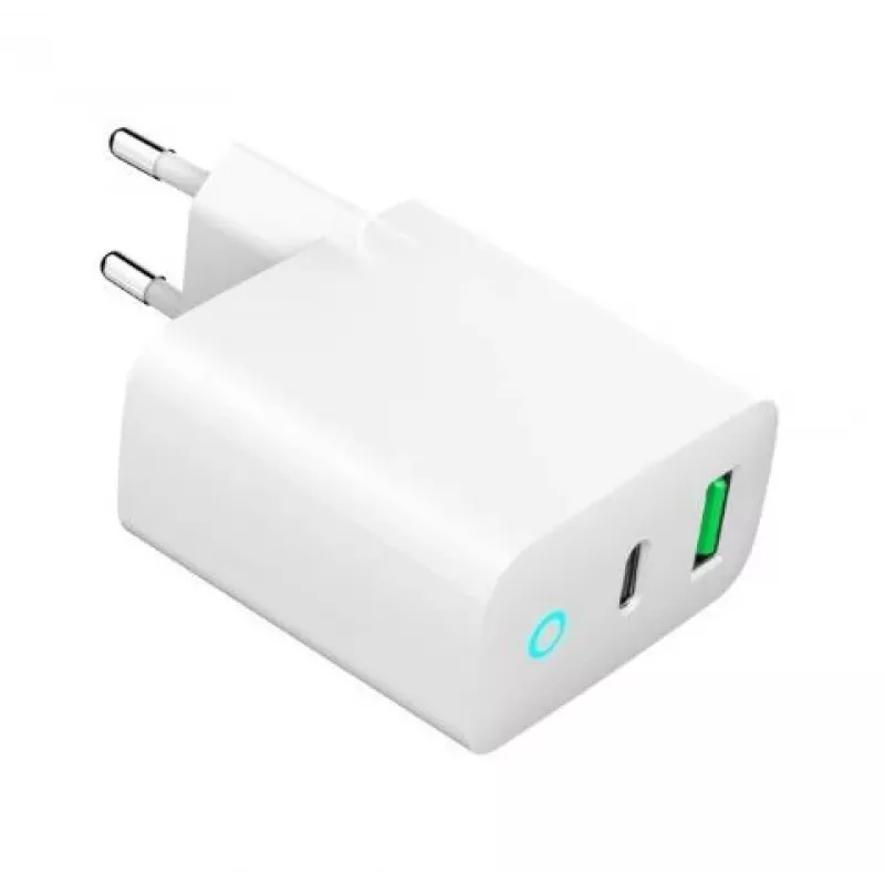 Netlader 220V GEMBIRD, universeel, 1x USB Type-C PD 20 W, 1x USB-A 3.0 QC 18 W, LED-indicator, wit