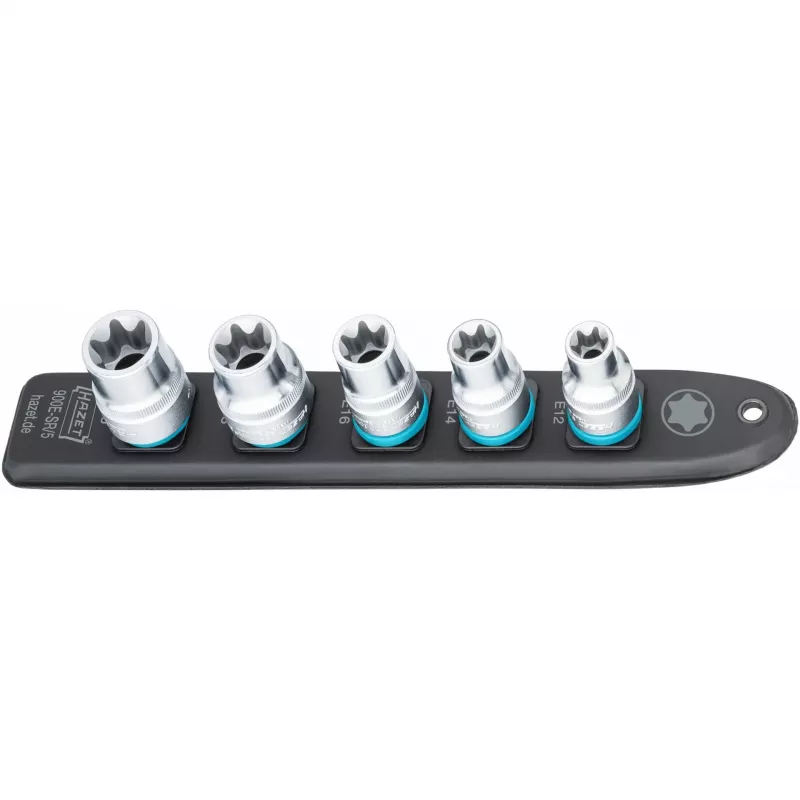 Dopsleutelset Hazet 900E-SR/5 — 1/2 inch aandrijving TORX E12–E20 korte dopsleutelinzetstukken