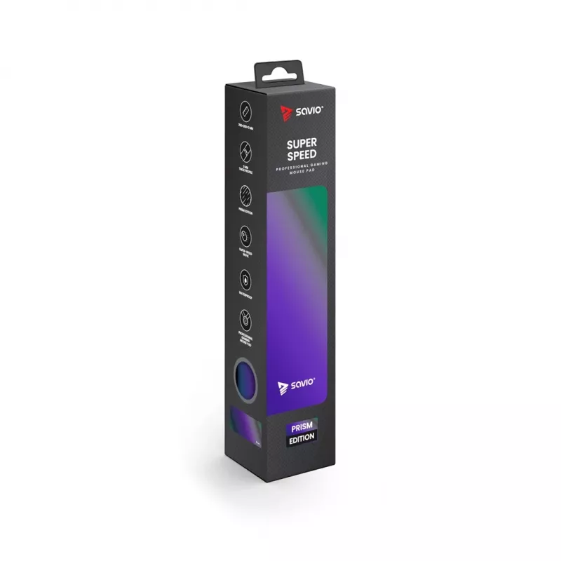 Gaming-muispad SAVIO Super Speed L Prism Edition — 700×300×3 mm, paars, gestikte randen, antislip onderkant