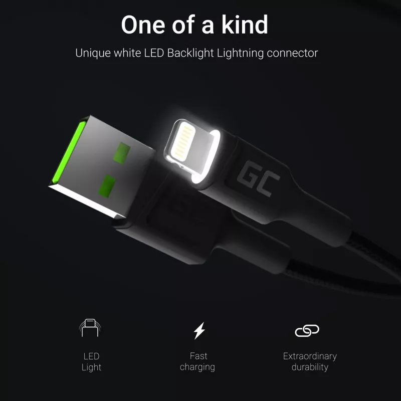 Lightning-naar-USB-A-kabel Green Cell KABGC12, 2 m, Lightning – USB A, zwart