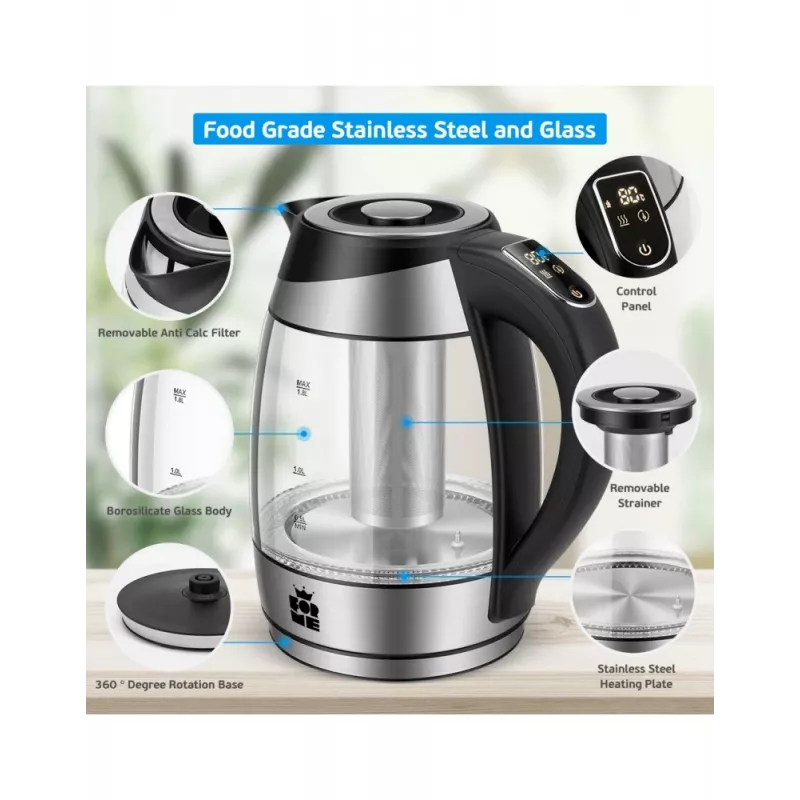 Forme FKG-448 glazen elektrische waterkoker, 1,8 l, 2200 W, temperatuurregeling, grijs