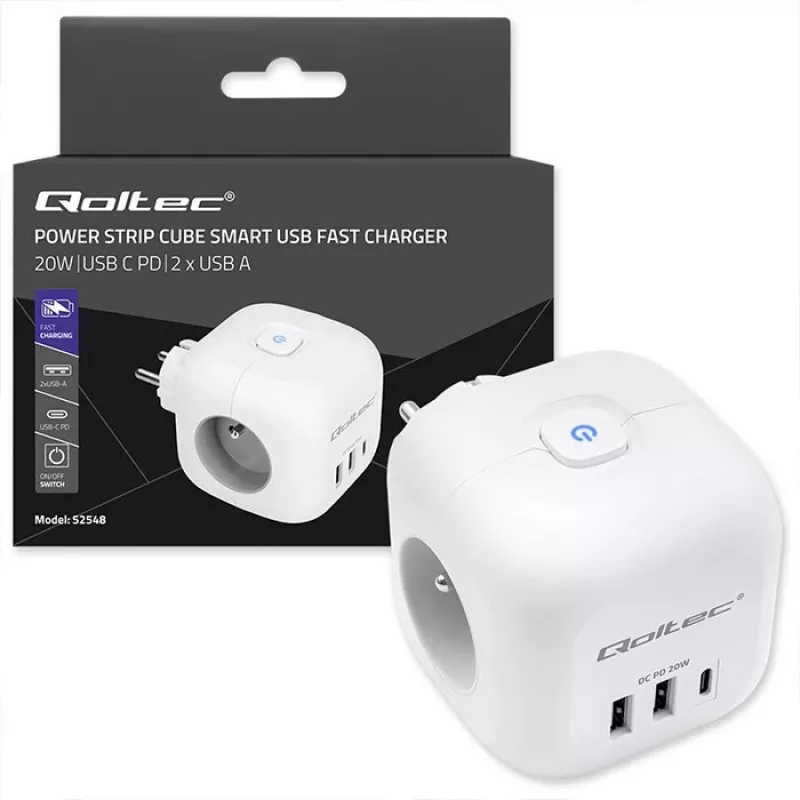 Stekkerdoos QOLTEC 52548 met 3× AC-stopcontacten en USB-aansluiting