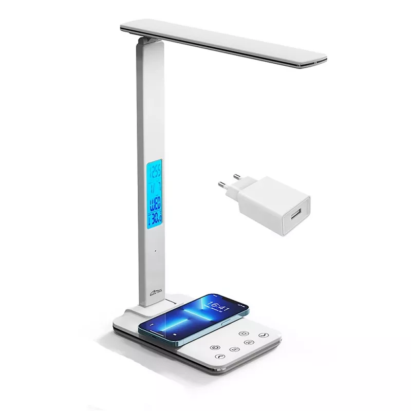 Media-Tech MT222 Leditou led-bureaulamp met 15 W Qi draadloze oplader, klok, wekker, thermometer, wit