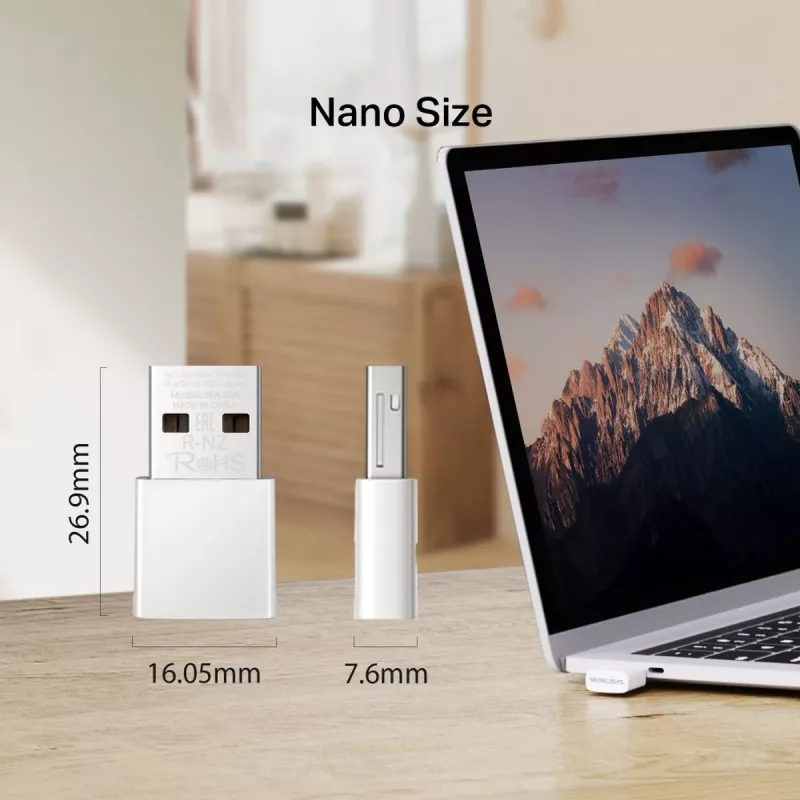 Netwerk-USB-adapter MERCUSYS MA30N — dualband wifi (2,4/5 GHz), 400/867 Mbit/s, USB 2.0, interne antenne, wit