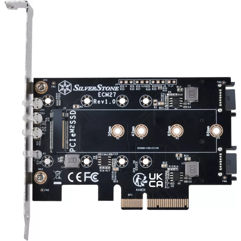 Silverstone SST-ECM27 M.2/SATA-adapterkaart, PCIe 4.0, 1x M-Key, 2x SATA 6G - Low Profile