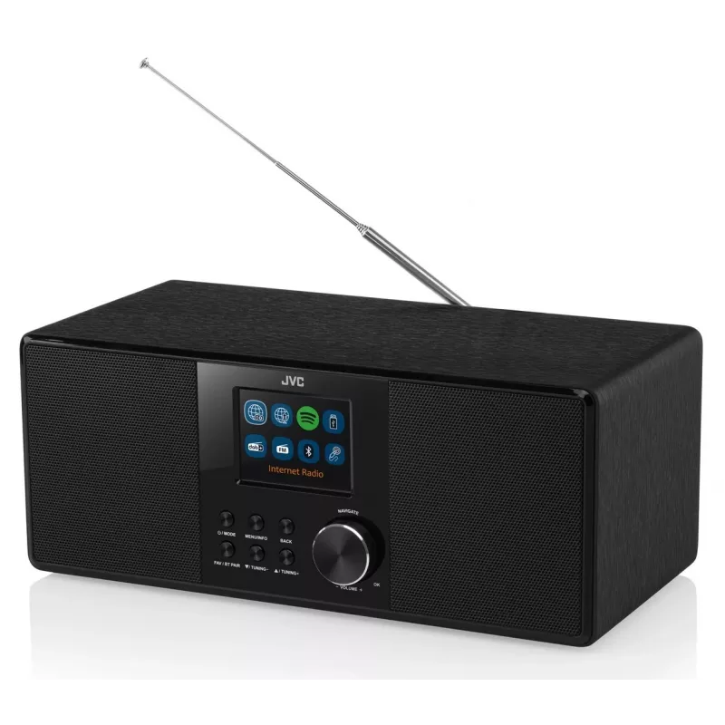 Internetradio JVC RA-E981B — Wi‑Fi- & Bluetooth-streaming, DAB+, FM, 2x5W, 40 zendergeheugens, USB, AUX, LCD-display