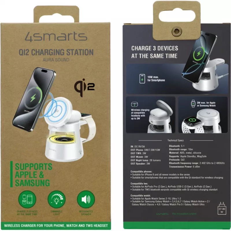 Draadloze oplader 4smarts Qi2 Aura Sound wit – Qi2 snel draadloos laden, ingebouwde luidspreker