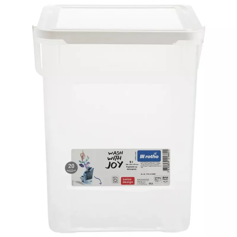 Kunststof wasmiddelbak Rotho Basic 9 L model 1770101100RP, wit, deksel, ophanggat