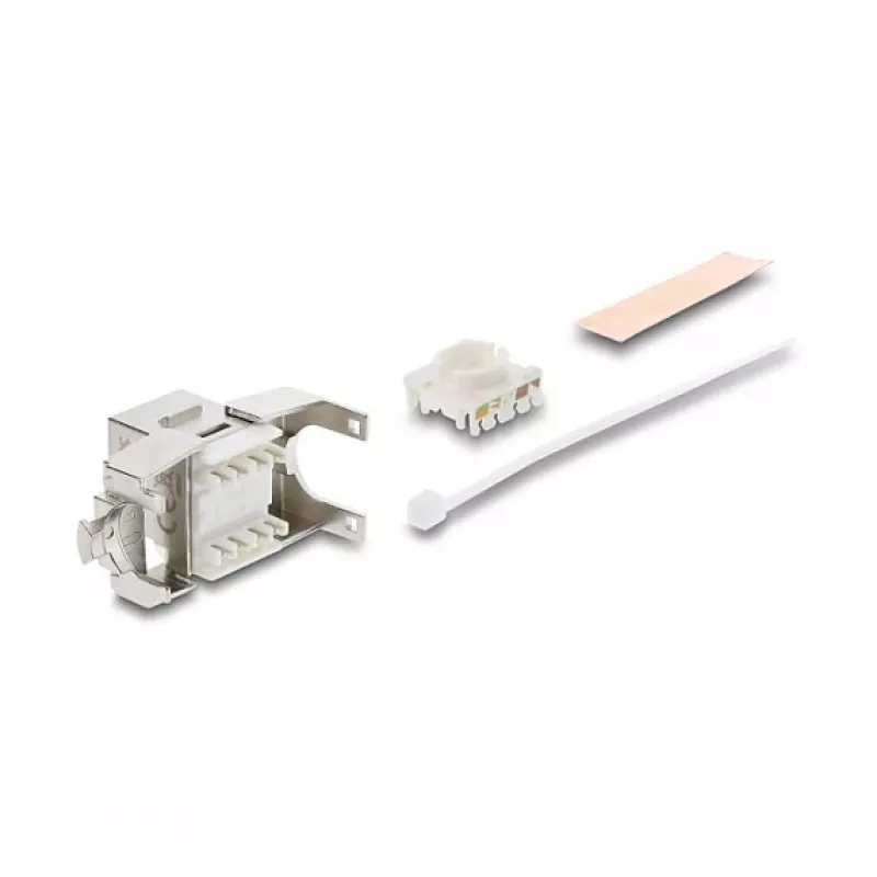 Keystone-module DELOCK RJ45 naar LSA Cat.6A afgeschermd gereedschapsloos, plat, zilver/wit, met stofkapje