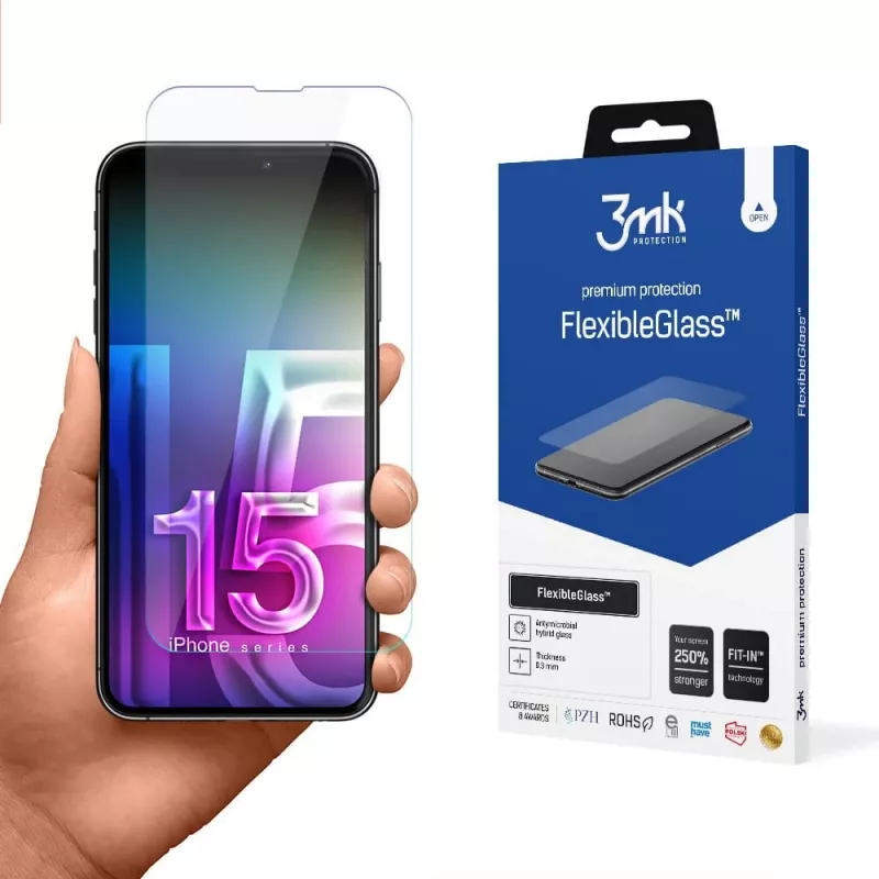 Geharde flexibele displaybescherming 3MK FlexibleGlass Pro voor Apple iPhone 15 – transparant, krasbestendig