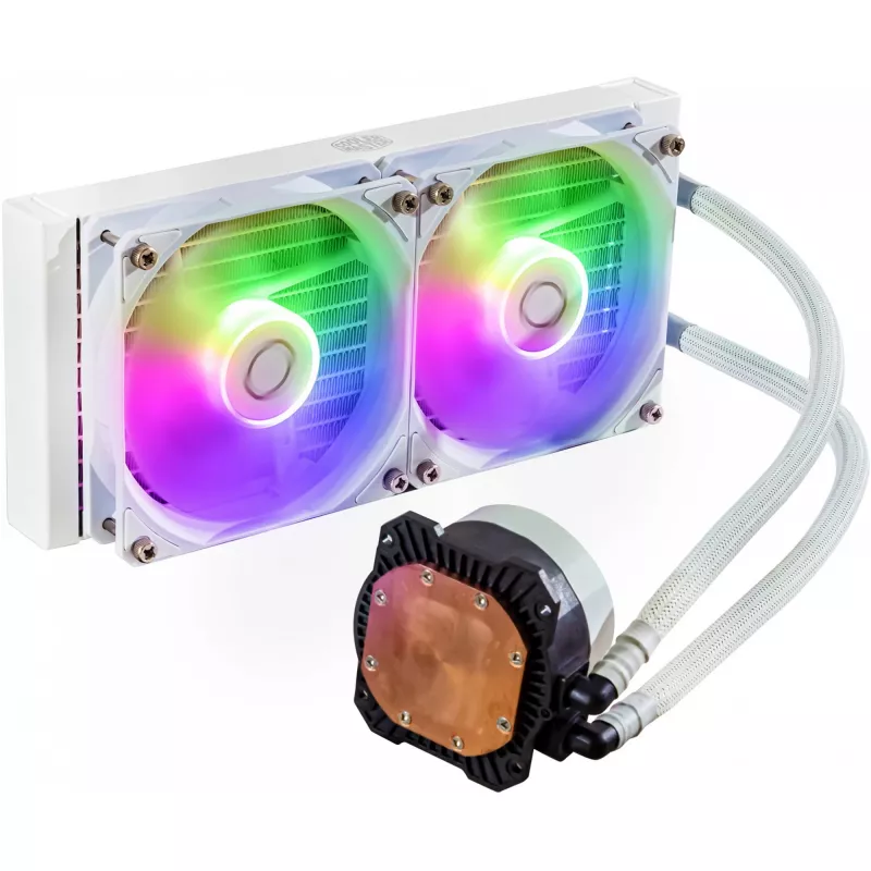Vloeistofkoelingsset Cooler Master MasterLiquid 240L Core ARGB wit — 240-mm-radiator, 120-mm-ventilator, ondersteunt LGA1700/AM5/AM4 en oudere sockets