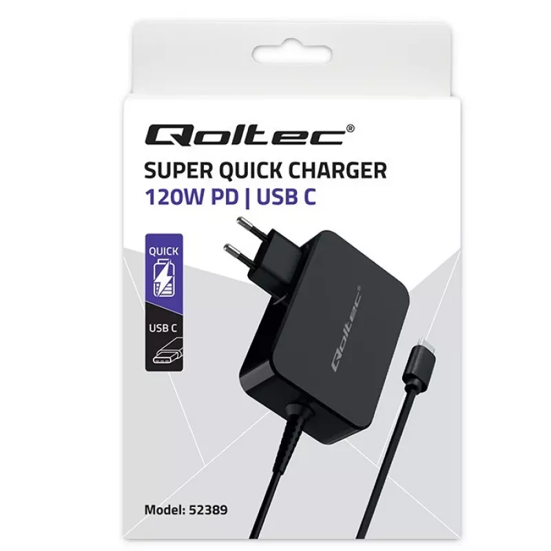 Qoltec PD 120W Turbo snellader | 5-28V | 3-4,5A | USB-C | zwart