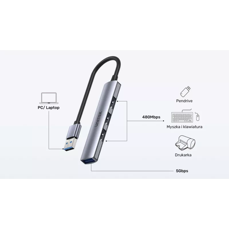 Unitek H1208A USB-A-hub, 4 poorten (1x USB-A 5 Gbps, 3x USB-A 2.0), aluminium, zilver