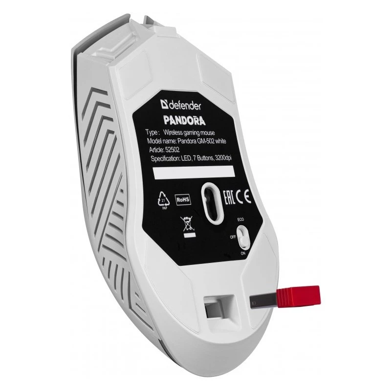 Draadloze gaming-muis DEFENDER Pandora White – ambidexter, 3200 DPI, 6 knoppen, programmeerbaar, optisch, USB