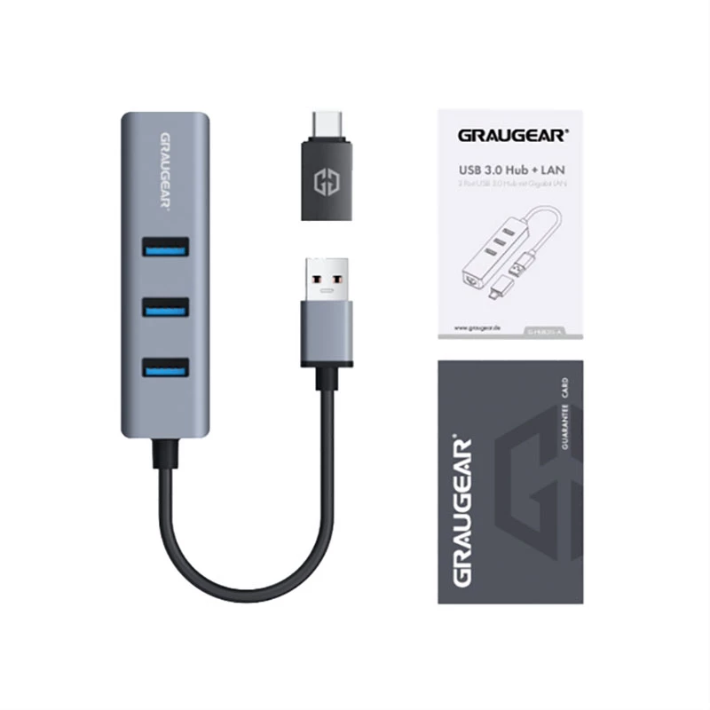 GRAUGEAR USB-hub G-HUB31L-A — USB 3.2 Gen 1 Type-A-host, 3x USB 3.2 Gen 1 Type-A-poorten + RJ-45, 5000 Mbit/s