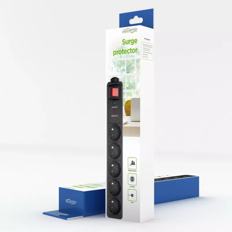 EnerGenie SPF5-C-5 overspanningsbeveiliging 5 AC-stopcontacten 250 V 1,5 m zwart