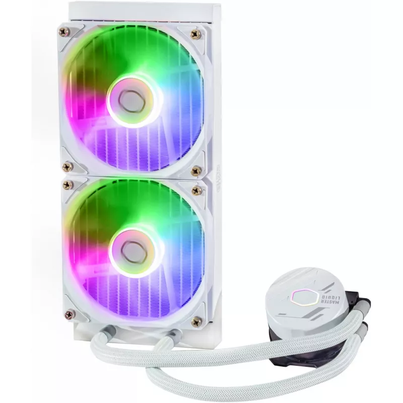 Vloeistofkoelingsset Cooler Master MasterLiquid 240L Core ARGB wit — 240-mm-radiator, 120-mm-ventilator, ondersteunt LGA1700/AM5/AM4 en oudere sockets