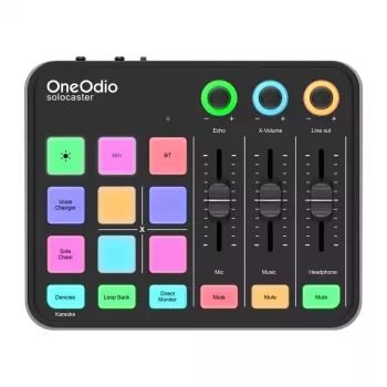 Audiomixer en USB-soundcard OneOdio Solocaster – compacte desktop-interface voor streaming en opnemen