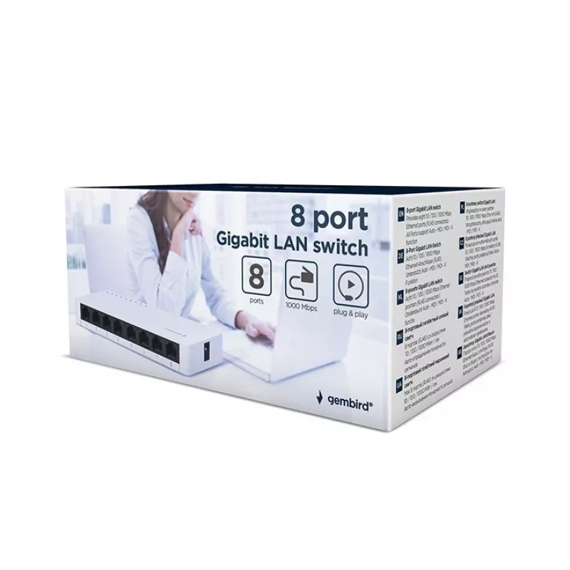 Unmanaged switch GEMBIRD NSW-G8-01 – 8× Gigabit Ethernet (10/100/1000), wit, DC 5V