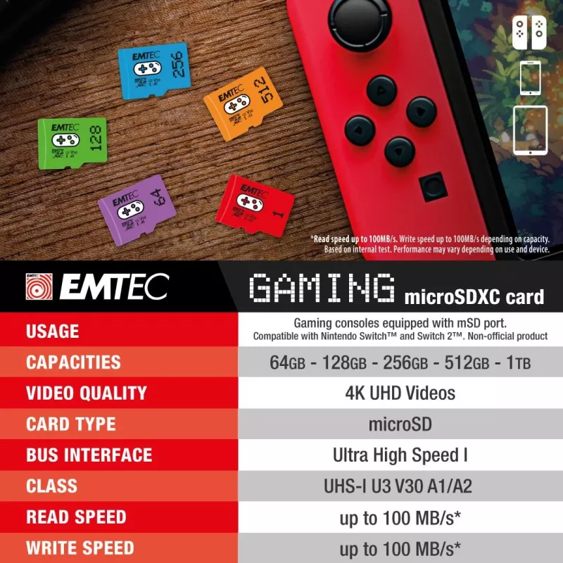 Flashgeheugen Emtec 1TB UHS-I U3 V30 A2 Gaming Rouge ECMSDM1TXCU3G