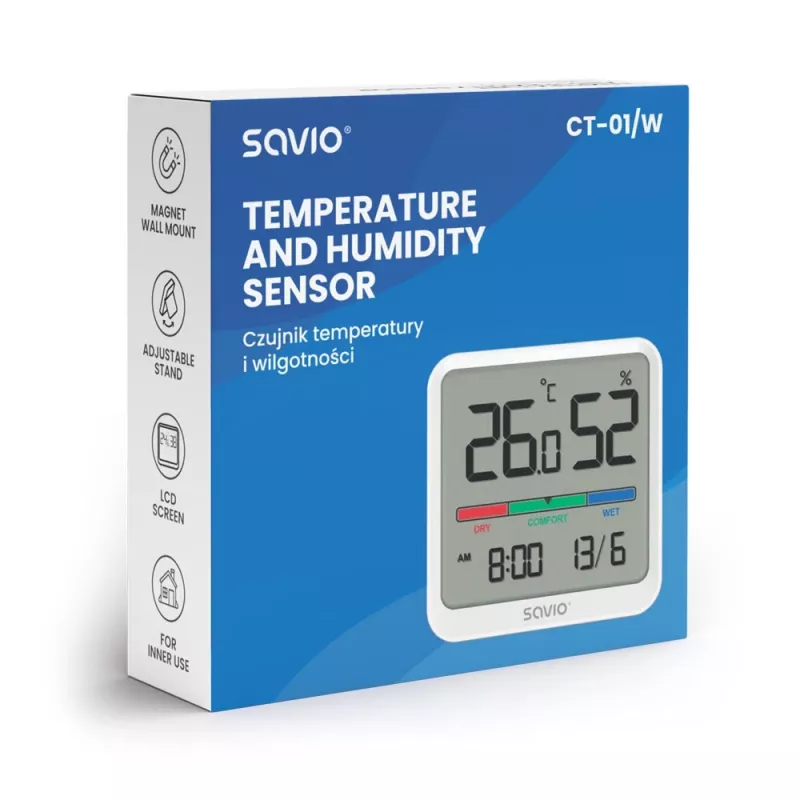 Binnenruimte temperatuur- en vochtigheidssensor SAVIO CT-01/W, LCD-display, -10–55 °C, 10–99 % rV, batterij CR2032