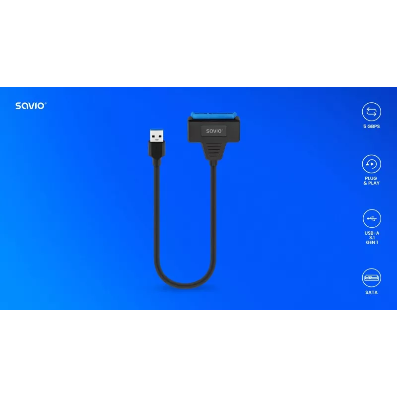 SAVIO SATA naar USB 3.1 Gen 1 interfacekabel AK-68, SATA-bus naar USB-A-stekker, 5 Gbit/s, 0,25 m, zwart