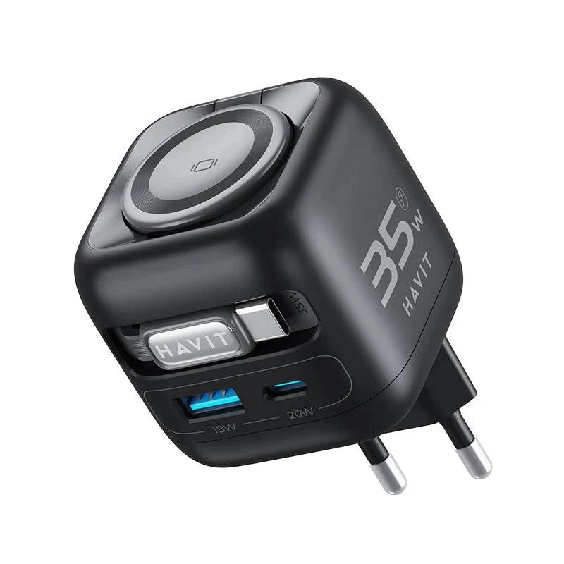 Havit UC250 A-EU GaN-reislader met uittrekbare kabel, zwart