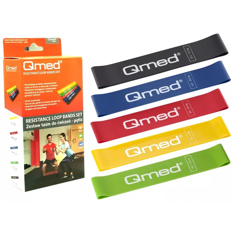 Weerstandsbandset MDH DRQM3MYYSETP — 5 loopbanden, latex, breedte 5 cm, belasting 4,5–31,5 kg