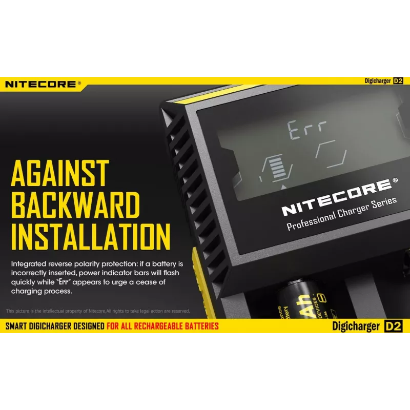 Batterijoplader Nitecore D2 — 2-vaks oplader voor AA/AAA/AAAA/C-accu's, 100–240V ingangsspanning, 4,2V uitgangsspanning, zwart