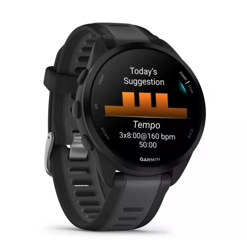 Garmin Forerunner 165 gps slim horloge 43 mm, 1,2" AMOLED 390 x 390, touchscreen, 4 GB, siliconen band zwart/leigrijs