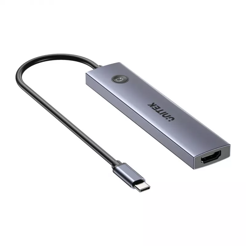 USB-C-hub Unitek H1124AGY01 met 100W PD, HDMI 2.0, 2x USB‑A, 2x USB‑C, SD/microSD-kaartlezer — aluminium
