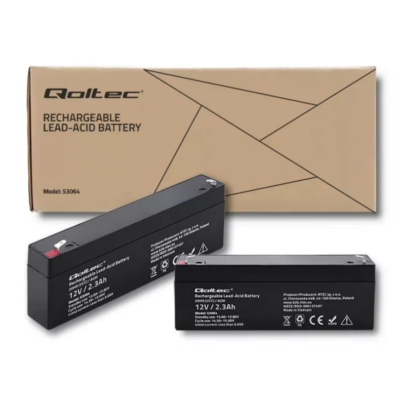 Verzegelde AGM-accu QOLTEC 12V 2,3Ah voor UPS- en back-upsystemen, max. ontlading 34,5A
