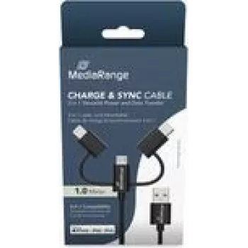 USB-kabel MediaRange MRCS246 — 1 m, USB A naar USB-C / Micro USB-A / Lightning, USB 2.0, zwart
