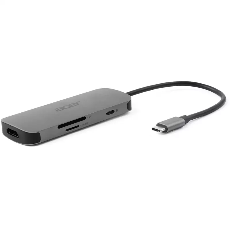 Acer HP.DSCAB.018 7-in-1 USB-C-dongle, 3x USB-A 5 Gb/s, HDMI 4K 60 Hz, SD/microSD, 100 W PD, zilver