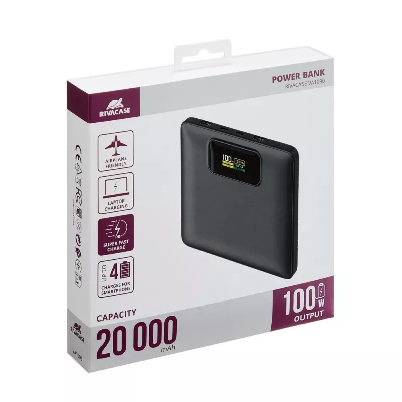Powerbank Rivacase VA1090 — 20000 mAh, 77 Wh, totale uitgang 100 W, 440 g