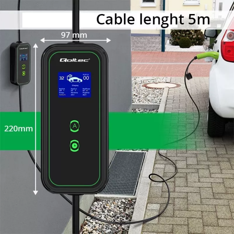 Qoltec Mobiele EV-autolader Verstelbaar 2in1 Type2 | 7kW | 230V | CEE 3 PIN | Wi-Fi | LCD | Draagbaar | Wallbox | 5m
