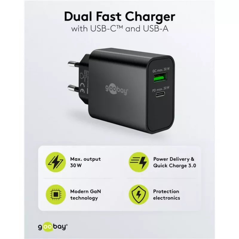 Goobay USB-C PD GaN Dual-snellader 30 W zwart (75335)