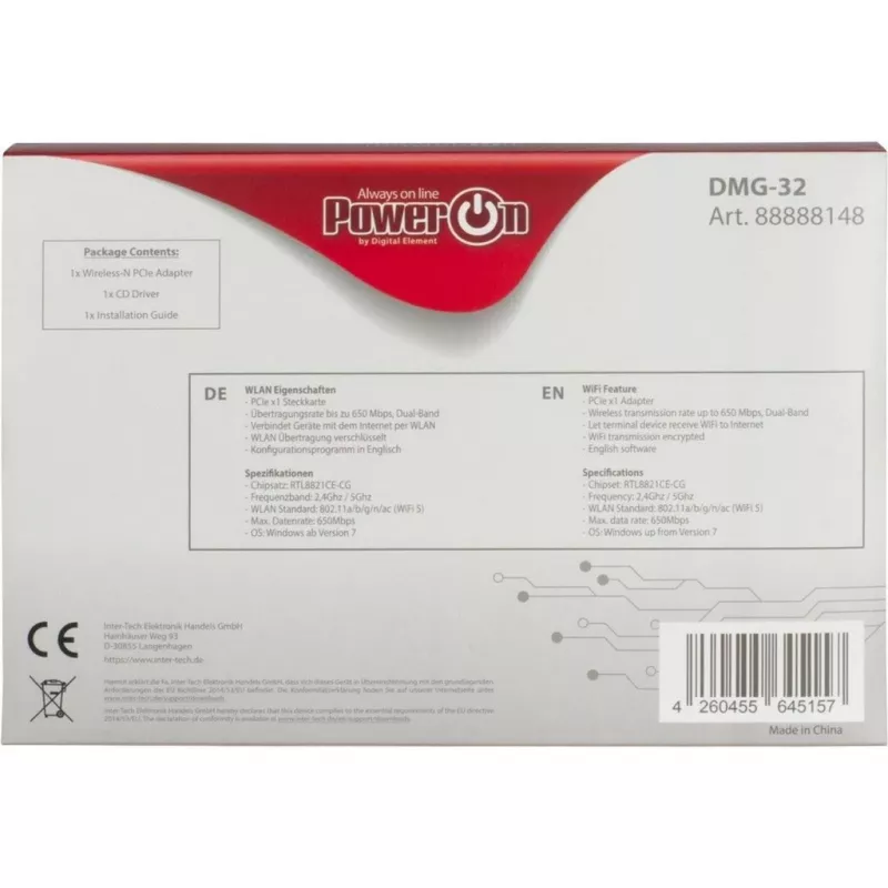 Inter-Tech DMG-32 - ingebouwd - draadloos - PCI Express - Wi-Fi - 650 Mbit/s - zwart - zilver (88888148)