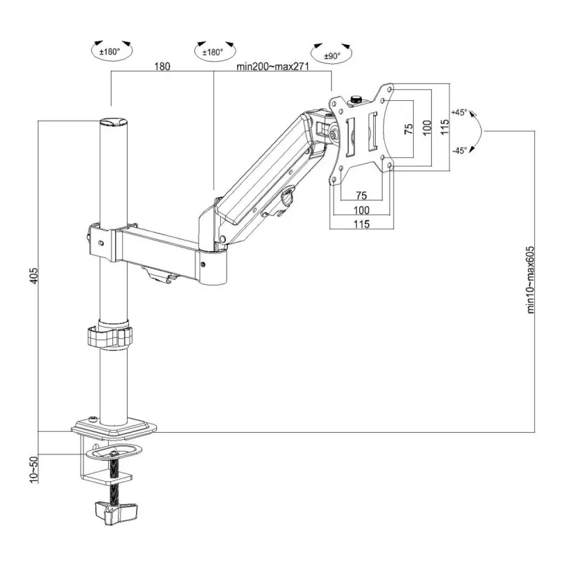 Monitorbeugel MACLEAN MC-135 gasdrukveer voor 17-inch–32-inch beeldschermen, belasting 2–10 kg, zwart