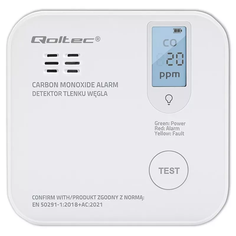 Koolmonoxide-sensor QOLTEC 52577 — batterijgevoed alarm, 85 dB geluidsniveau