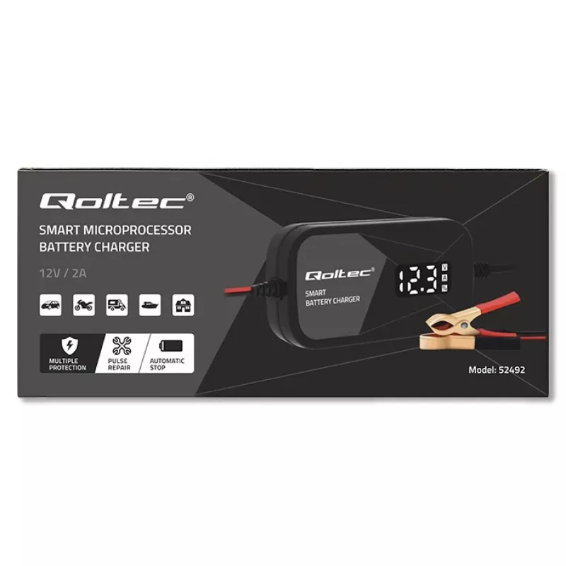 Batterijlader QOLTEC 52492 12V 2A met microprocessorsturing en celregeneratie