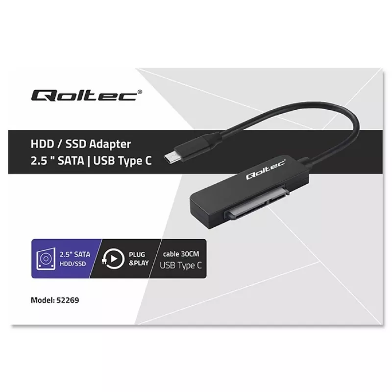 QOLTEC SATA-adapter 52269 voor 2,5-inch drive naar USB-C, ondersteunt tot 2 TB