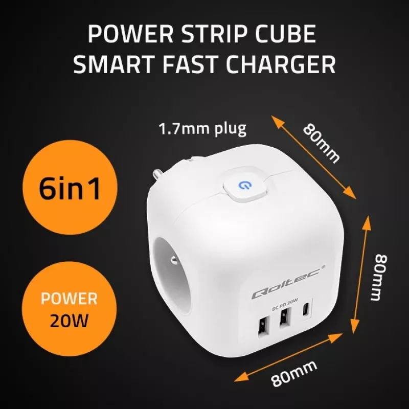 Stekkerdoos QOLTEC 52548 met 3× AC-stopcontacten en USB-aansluiting