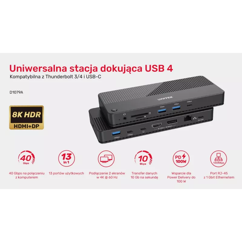Dockingstation UNITEK D1079A USB4 bedraad zwart 100W Power Delivery